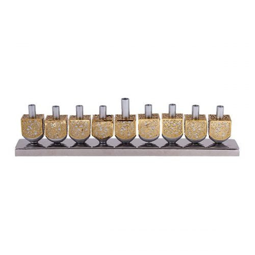 Emanuel Dreidel Chanukah Menorah with Metal Cutout, Silver and Brass