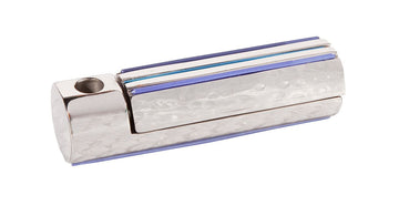 Hinged hammered silver-tone Emanuel folding travel menorah with blue stripes, shown closed