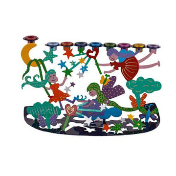 Emanuel laser cut menorah hand-painted with flying fairies, stars, hearts and trees on a dark base