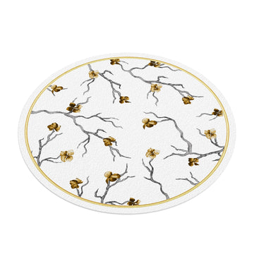Round white Golden Branch leather charger with gray branches, gold blossoms and a gold border