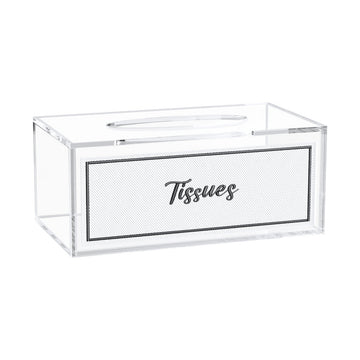Leatherite tissue box in black, clear lucite case with Tissues script on a white panel