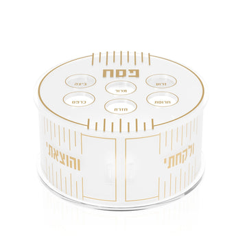 Linear tiered kearah in gold, round lucite with six labeled rings on top and double doors below