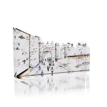 Shaar Yafo acrylic block, sketched Old City gate and walls with people walking through
