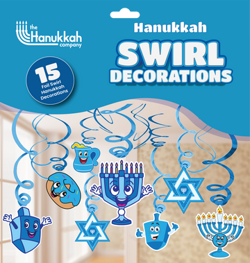 Blue and white Chanukah swirl decorations package with menorah and star cutouts