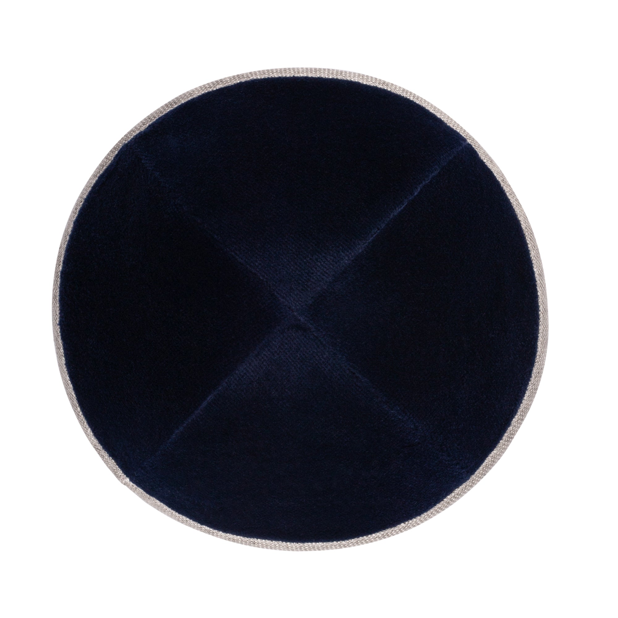 Navy Velvet Kippah - showing rim trim, six-panel construction