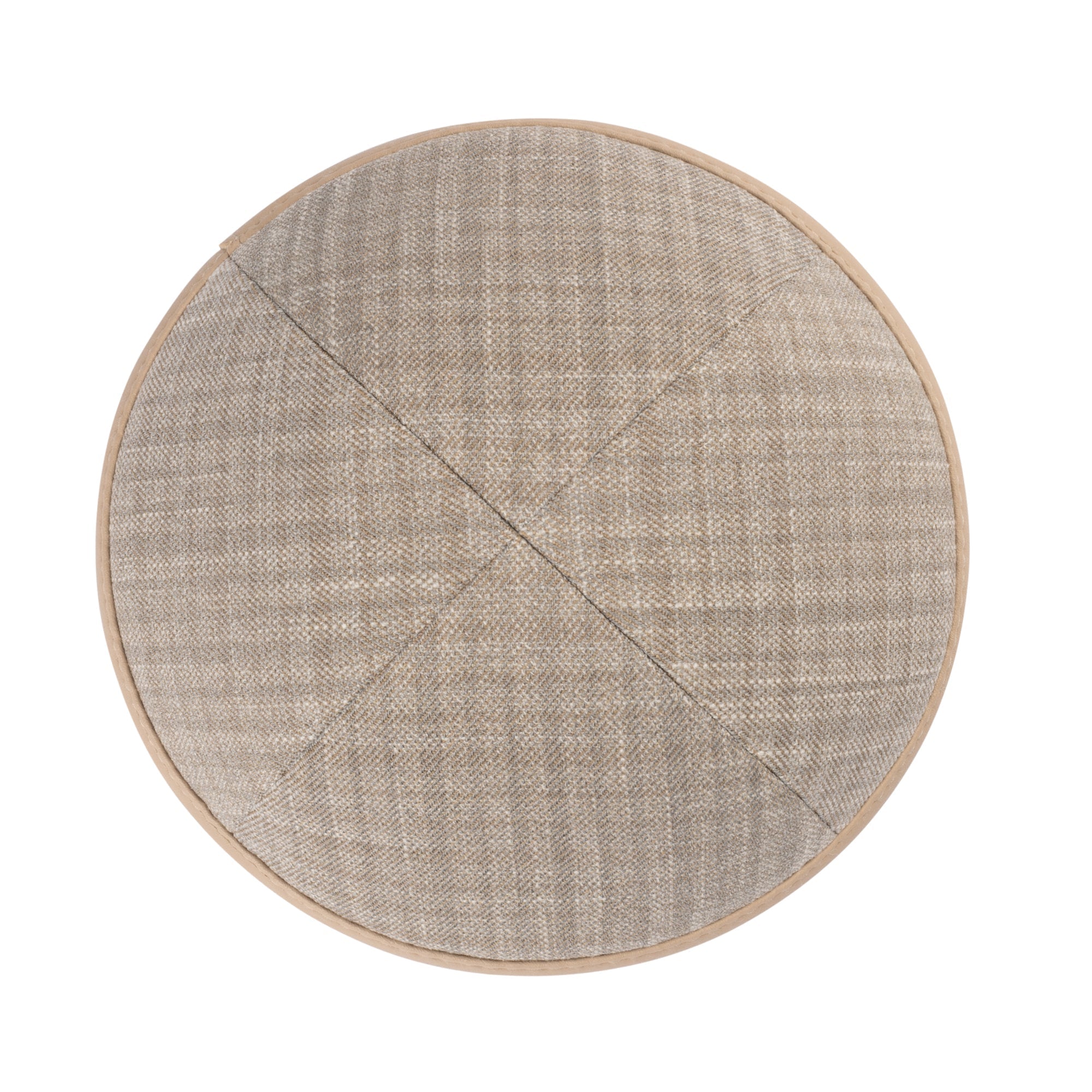 Tan Leather Kippah - showing rim trim, six-panel construction