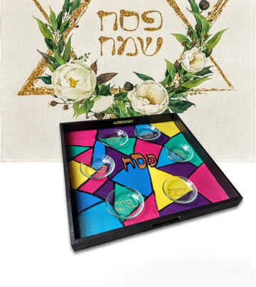Art deco seder plate — faux stained glass hand-painted square hardwood plate | Judaica Square Lakewood