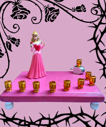 Sleeping Beauty menorah — Princess Aurora figure on glittered painted plaque | Judaica Square Lakewood