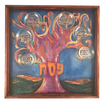 Tree of life seder tray — hand-painted square hardwood tray with labeled bowls | Judaica Square Lakewood