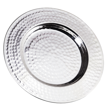 Round silver-coated Kiddush tray with hammered dimpled texture on rim and center, polished ring