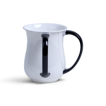 Pearl-white acrylic washing cup with two black handles, side view