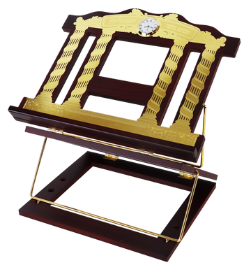 Wooden two-tone book stand tilted up on its gold wire support, gold laser-cut pillar design across the front plate with a round white clock face at the top center