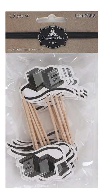 Pack of tefillin-shaped cake picks in black, grey and white on wooden toothpicks
