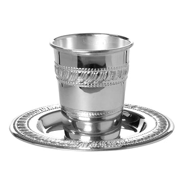 Polished silver-tone Kiddush cup with twisted rope band on a matching rope-edged tray