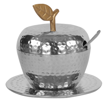 Honey Dish Apple Shape Stainless Steel Hammered Gold Leaf with Tray & Spoon