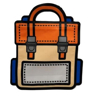 Cartoon-style backpack-shaped gift bag with orange flap and handle, tan body, blue pockets