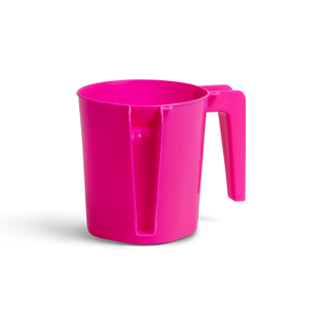 Bright pink two-handled plastic washing cup, side view