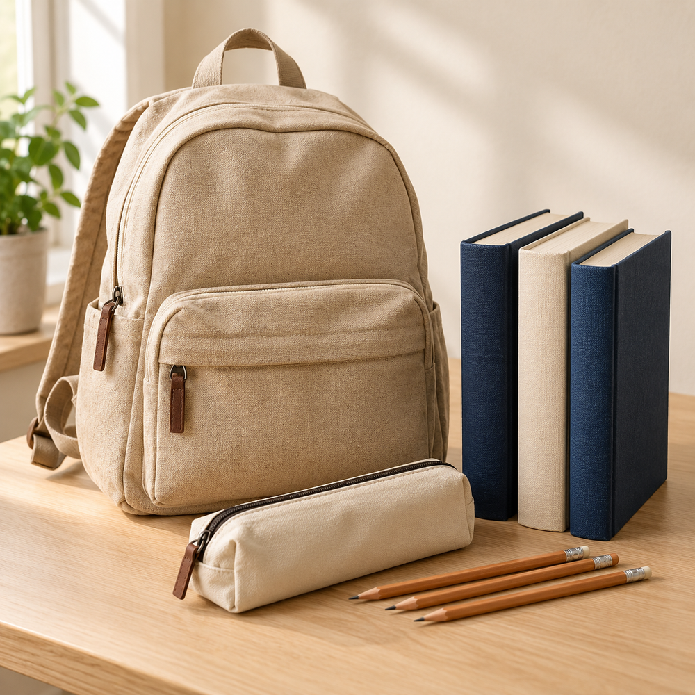 A clean back-to-school arrangement for a Jewish school child: a compact sand-colored canvas backpack, three closed cream and navy hardback school books with blank spines, sharpened wooden pencils in a simple pencil case
