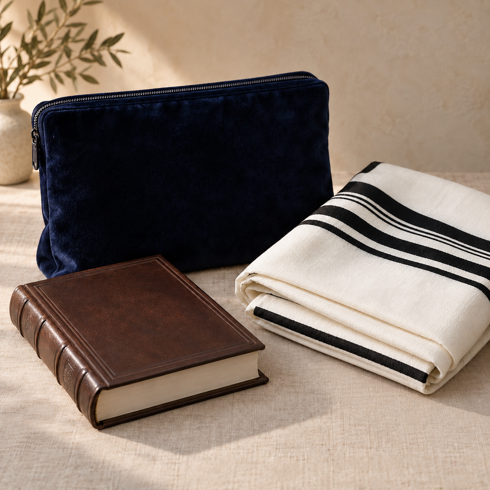Dark velvet tefillin bag beside a folded striped tallis and a closed brown prayer book