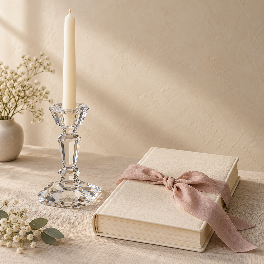 Clear crystal candlestick and ivory prayer book with a delicate blush ribbon