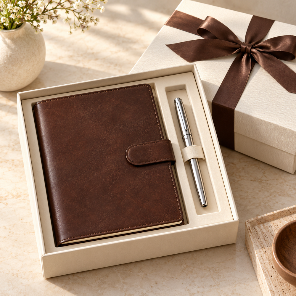 A professional corporate gift arrangement: two coordinated cream presentation gift boxes with cocoa ribbons, one open showing a handsome brown leather notebook and silver fountain pen precisely fitted in a cream insert