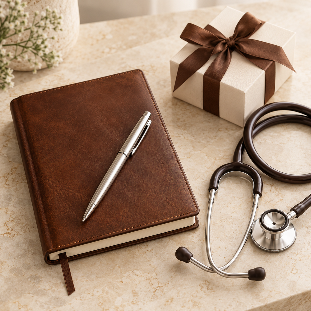 An elegant gift for a doctor: closed chestnut leather journal with a silver pen, dark brown and silver stethoscope neatly laid beside it, small cream gift box tied with cocoa ribbon