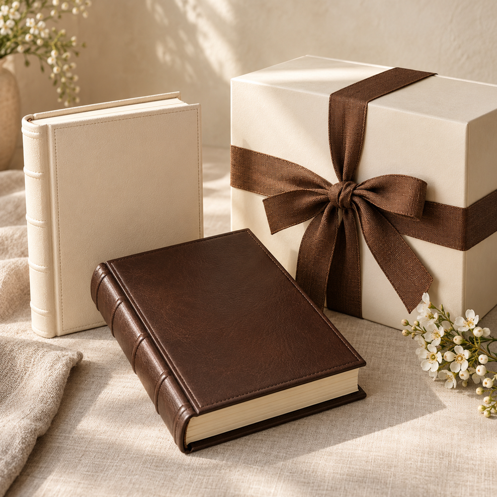 Ivory gift box with a cocoa ribbon beside cream and brown keepsake books and white blossoms