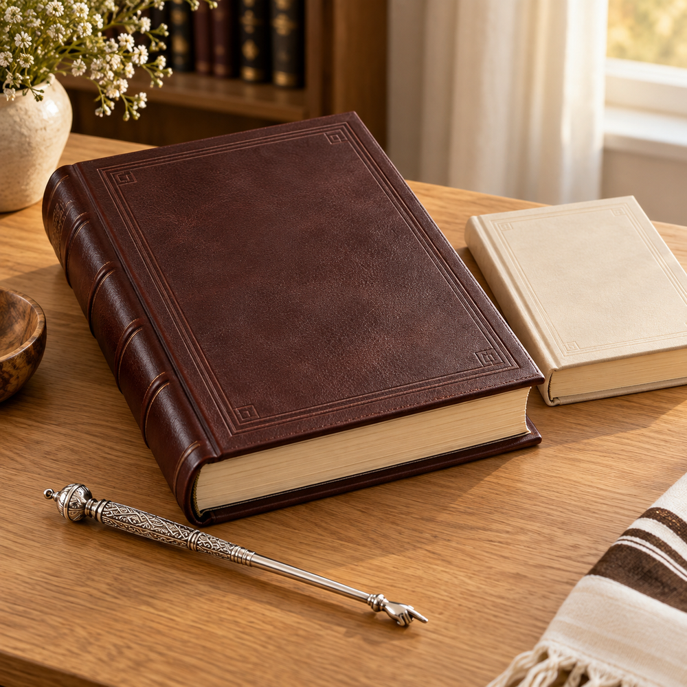 A thoughtful gift for a rabbi or mentor: a handsome large closed burgundy brown leather religious study volume, tactile understated embossed geometric border with absolutely blank cover and spine, smaller cream book beside it, silver yad Torah pointer lying diagonally across warm oak surface