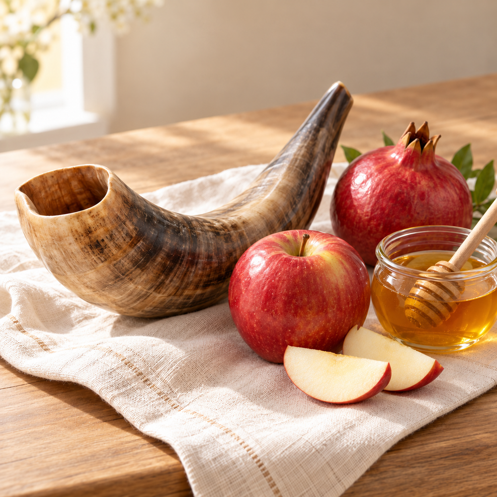 Rosh Hashanah holiday still life: a beautiful natural curved ram's horn shofar, a fresh red apple with two slices and a small clear honey pot with wooden dipper, one intact pomegranate tucked behind