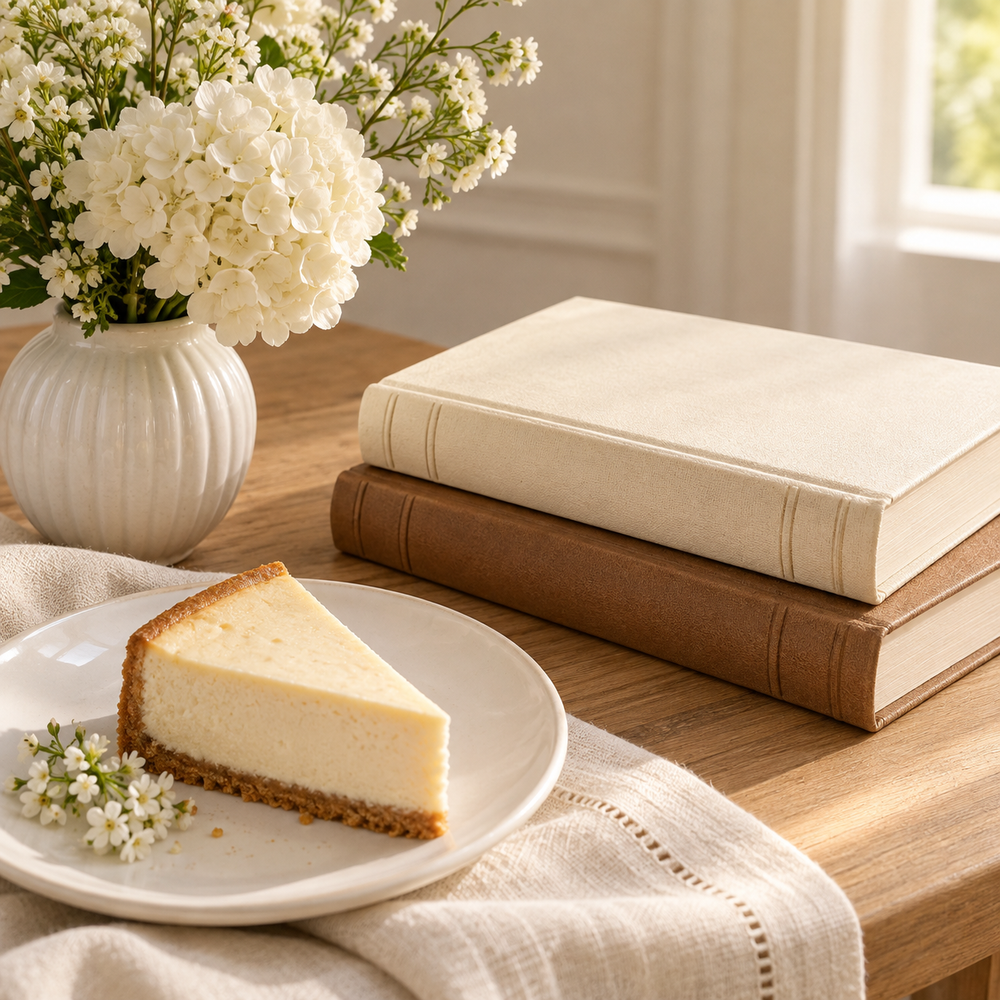Shavuos still life: two elegant closed cream and caramel religious study books with blank covers and spines, a small vase of fresh white flowers and a slice of ivory cheesecake on a white ceramic plate