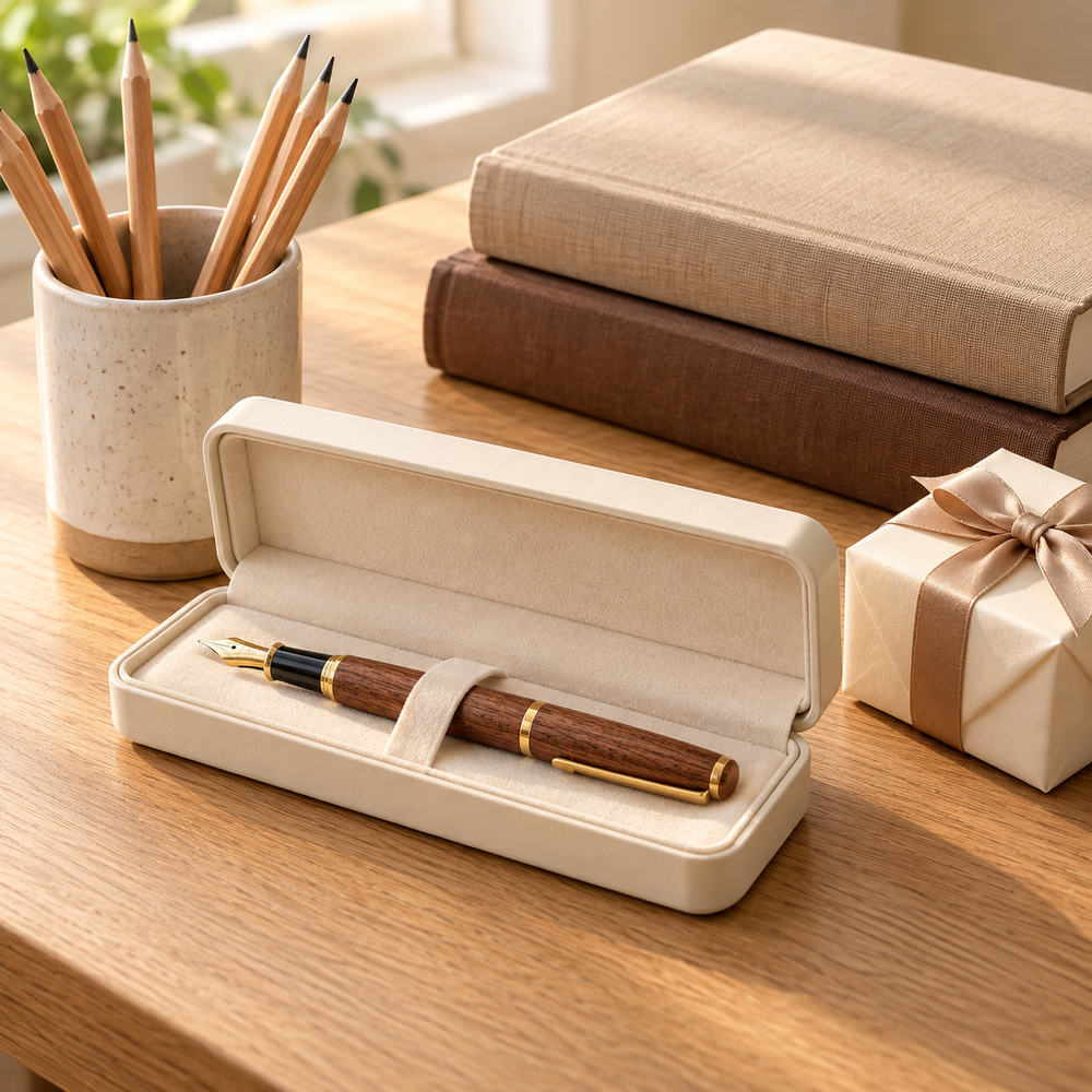 A thoughtful teacher appreciation gift: a handsome wooden fountain pen in an open cream presentation case, a stack of two closed sand and cocoa books with blank covers and spines, sharpened wooden pencils in a pale ceramic cup, one small cream wrapped gift