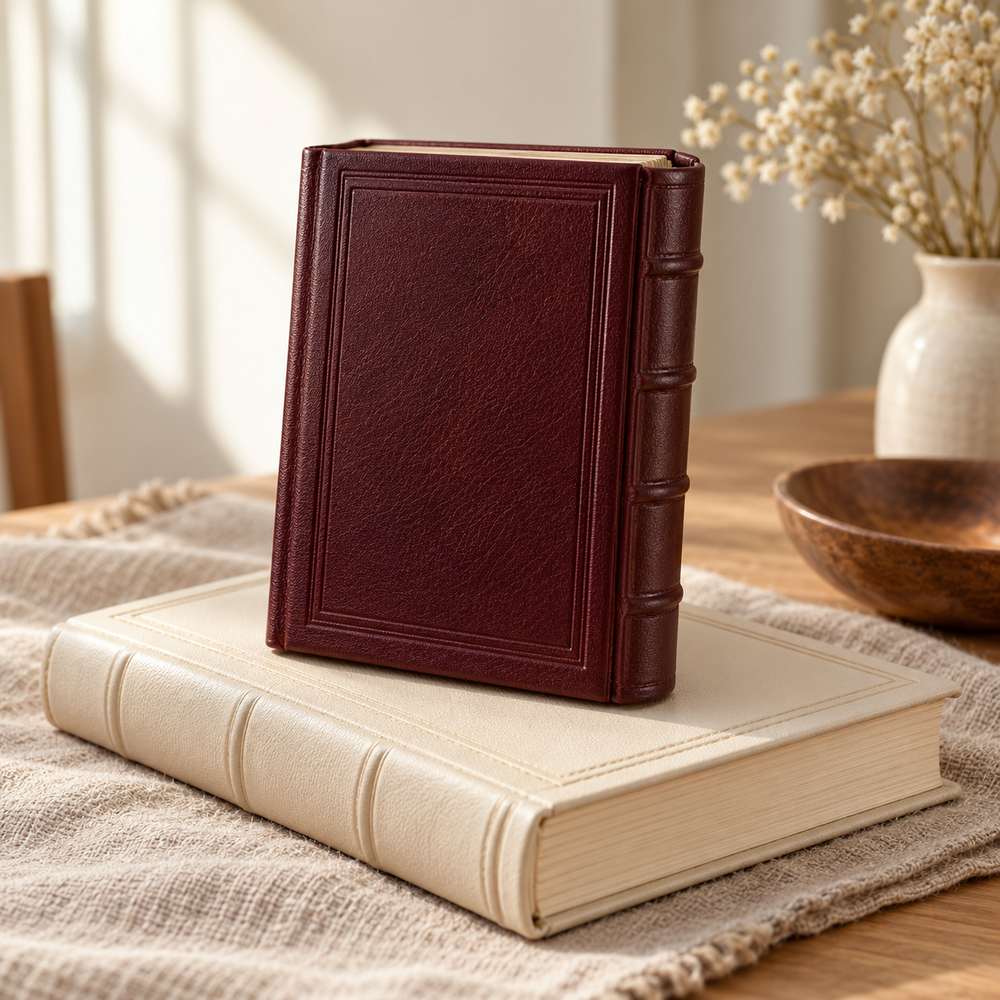 A beautiful Tehillim prayer-book still life: one small rich burgundy leather book closed and upright leaning gently on a larger flat closed cream volume, a restrained pressed border on the plain covers with no text, on warm natural linen