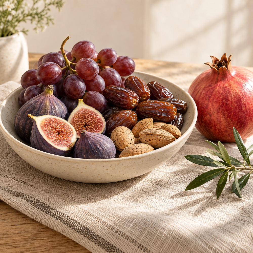 Tu Bishvat fruit still life: a shallow ivory ceramic bowl with figs, dates, almonds in shells and a small cluster of fresh grapes, one pomegranate and a single delicate olive twig nearby