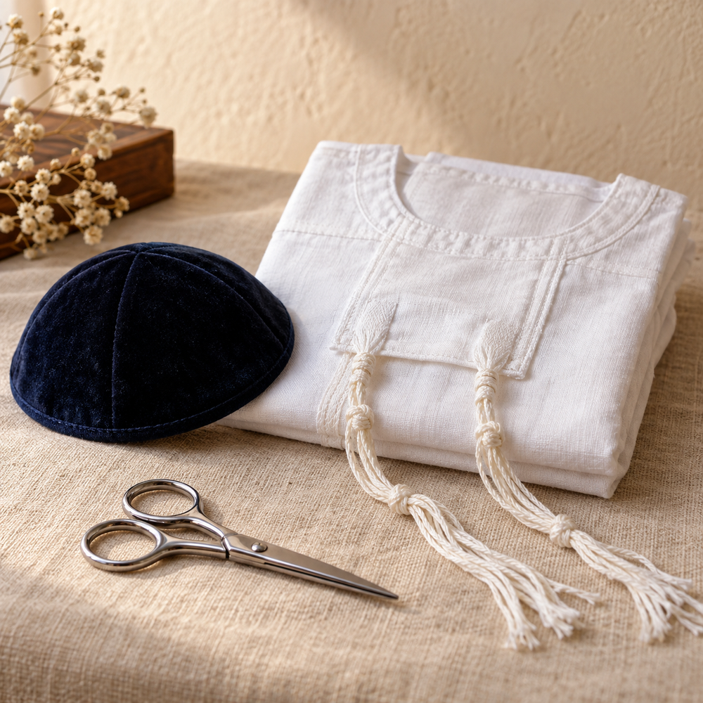 Navy velvet child’s kippah, folded white tzitzis and silver haircut scissors