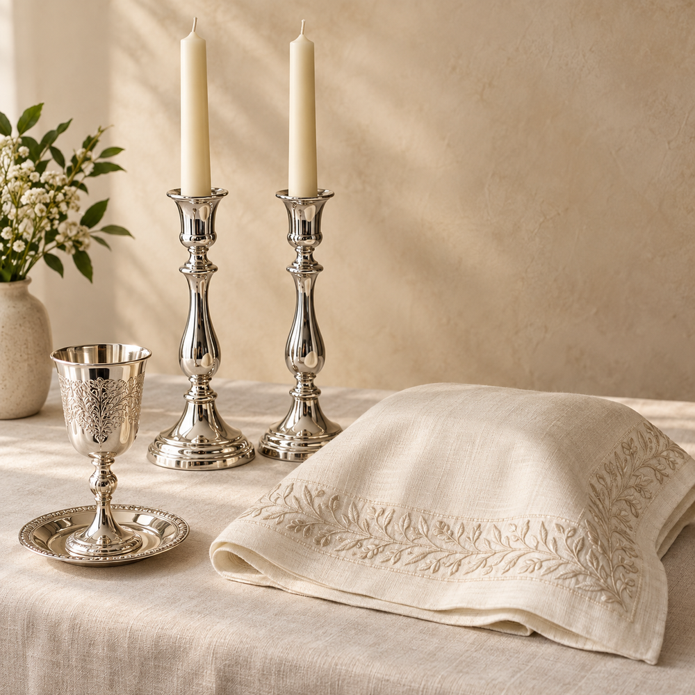 Pair of silver Shabbos candlesticks and a silver kiddush cup on ivory linen