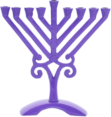 Kids' purple Rambam-style menorah with straight diagonal branches, scroll accents and an arched base