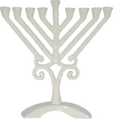 Kids' white Rambam-style menorah with straight diagonal branches, scroll accents and an arched base