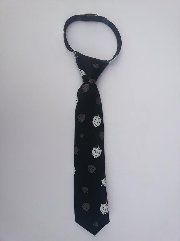 chanukah dreidel tie for kids with zipper, small size 11", Black (TIE#8-2)