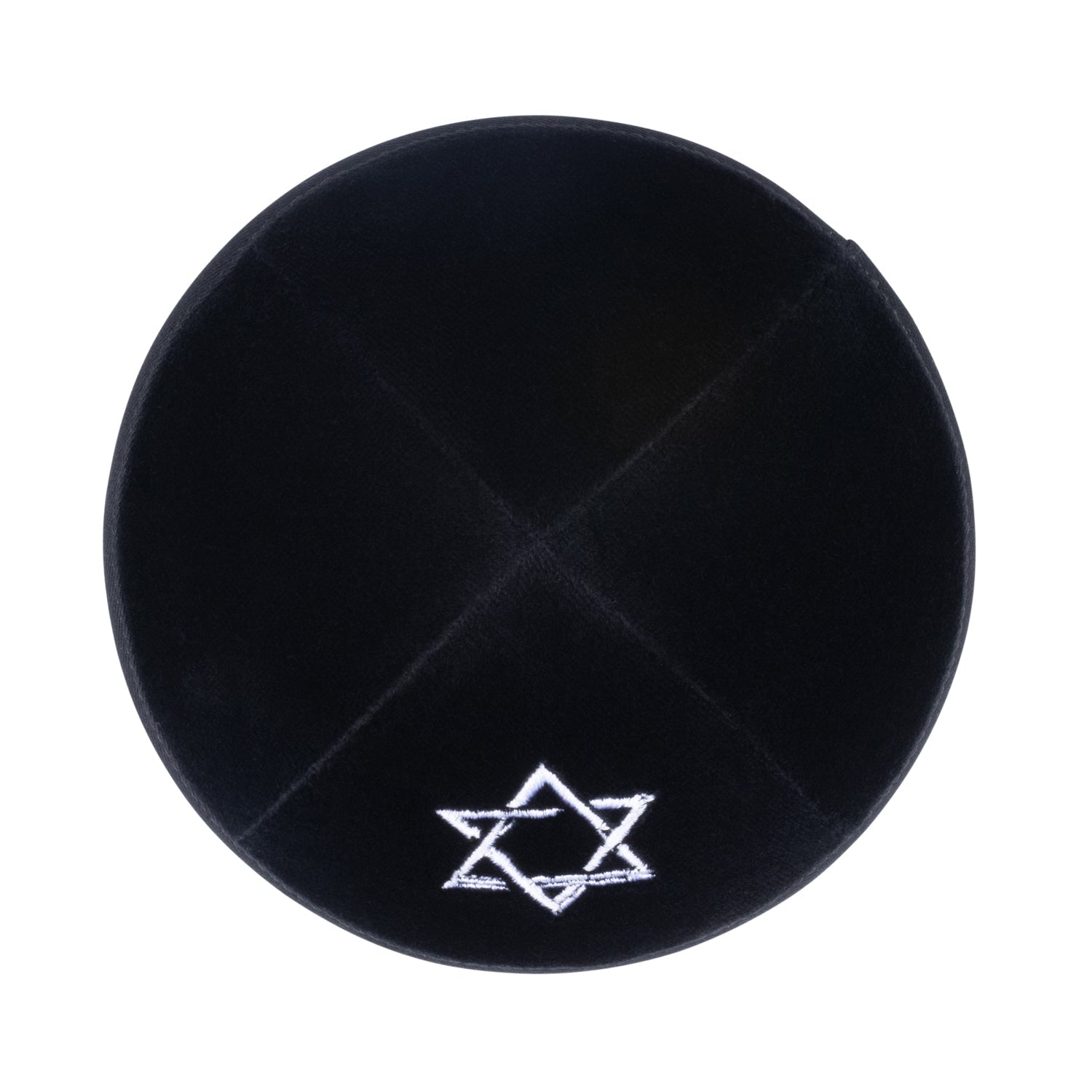Black Velvet Kippah - showing Israeli flag accent, six-panel construction
