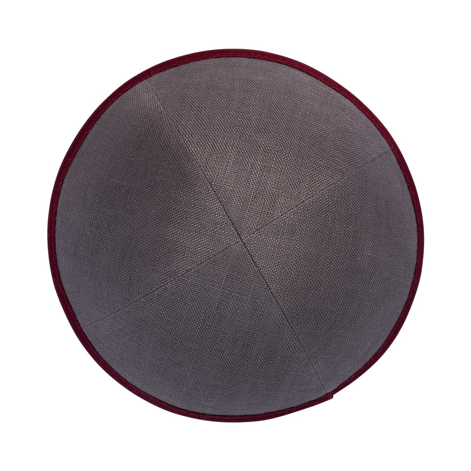 Burgundy Linen Kippah - showing rim trim, six-panel construction