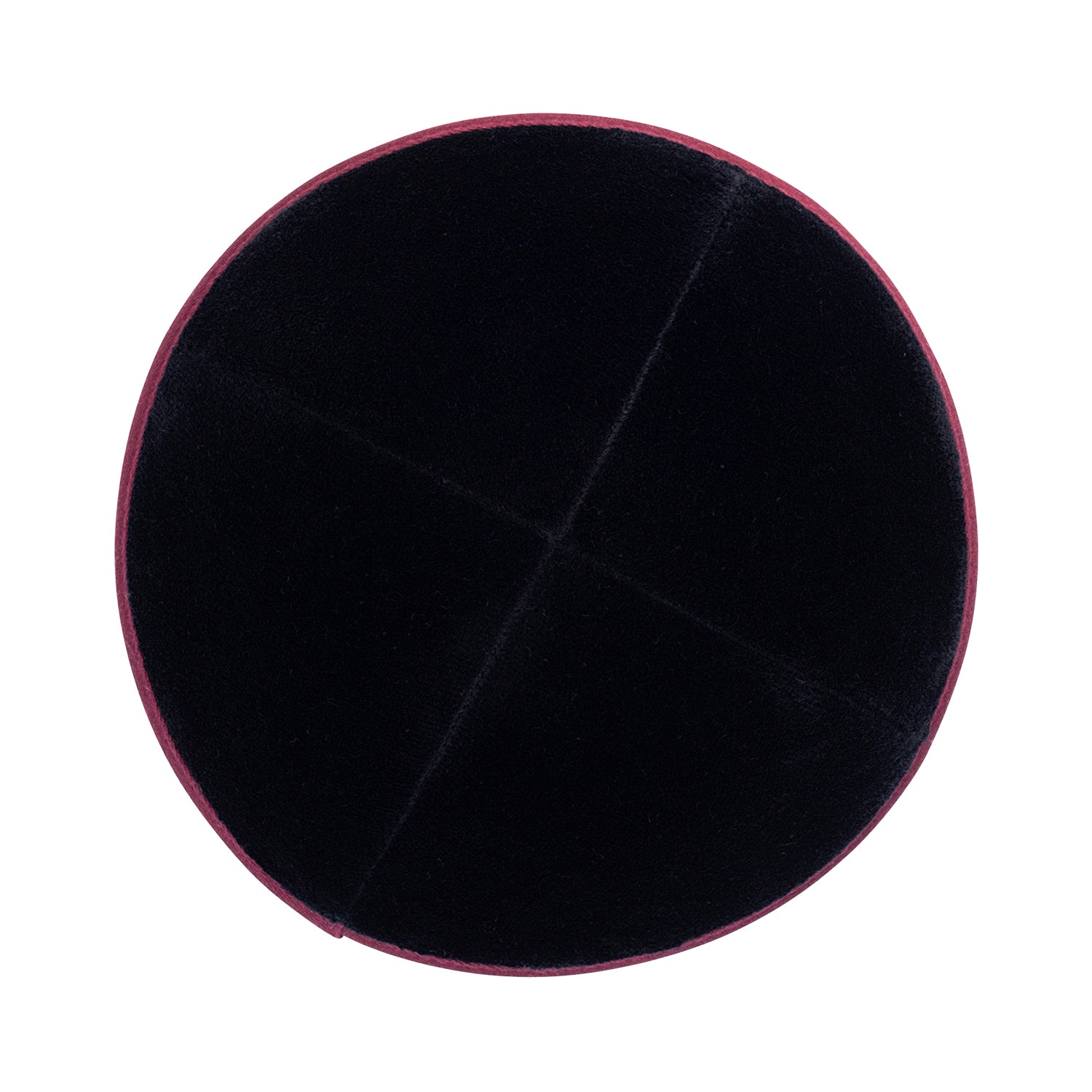 Burgundy Velvet Kippah - showing rim trim, six-panel construction
