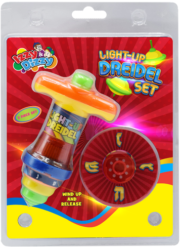 Light up dreidel and round red wind up launcher on a Light Up Dreidel Set card