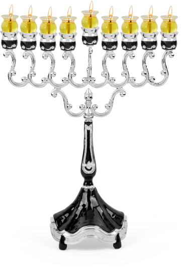 Marbleized black and silver-plated oil menorah with lit glass oil cups on a black base