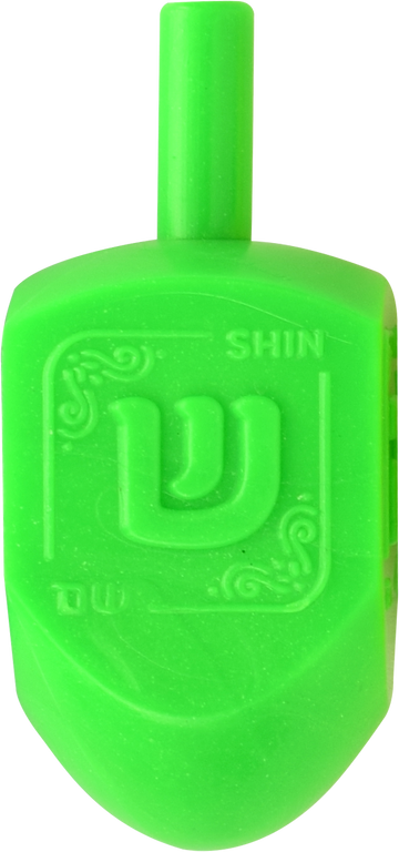 Small green plastic dreidel with a raised Shin and the letter name on its face