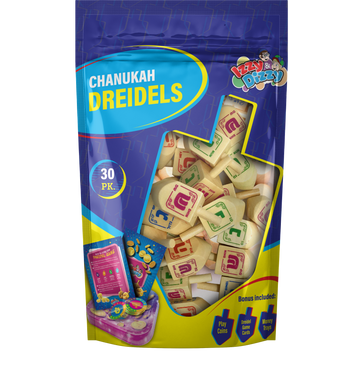 Chanukah Dreidels pouch of 30 medium natural wood dreidels with colored letters