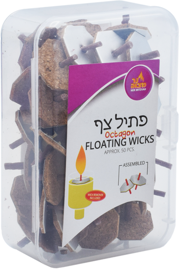 Ner Mitzvah standard octagon floating wicks in a clear plastic container