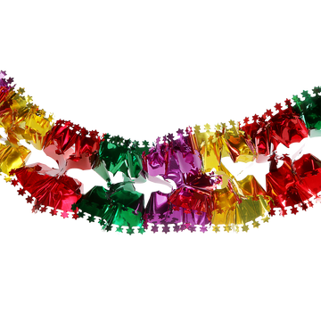 Red, gold, green and purple decorative chain with small star-shaped trim along the edges