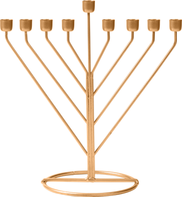 Rambam style gold wireframe menorah with straight diagonal branches on an open round base