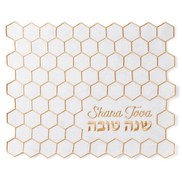 Rite Lite Rosh Hashanah Challah Cover, Honeycomb Design, White with Gold Embroidery, 16 x 20 Inch