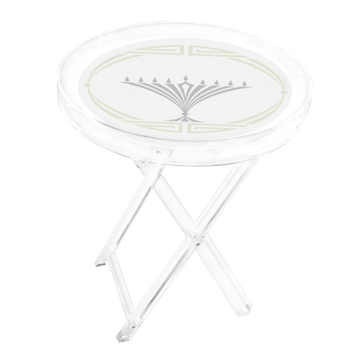 Round acrylic folding table with a silver menorah design